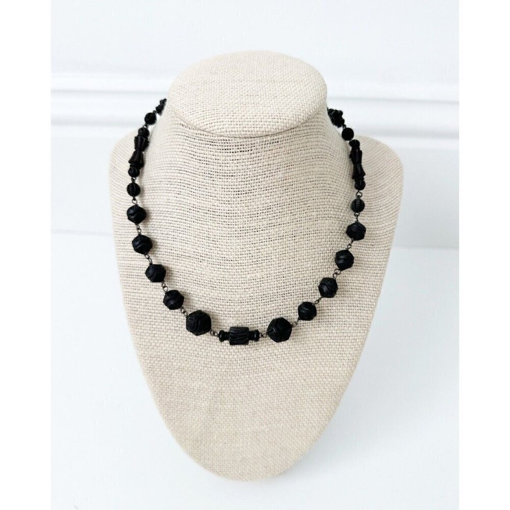 Antique Whitby Jet Necklace Victorian Carved Black Beaded Mouring Jewelry